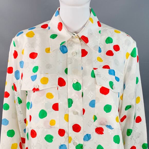 Size M White Multi Color Silk Monogram Dots Button Up Shirt - Picture 2 of 7